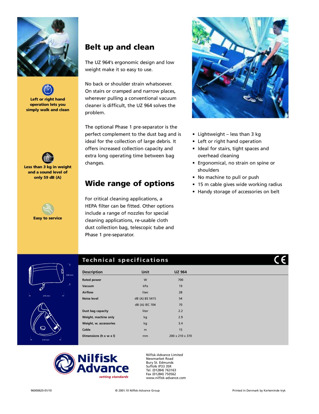 Nilfisk-Advance America UZ 964 manual Belt up and clean, Wide range of options, Technical specifications, Description Unit 