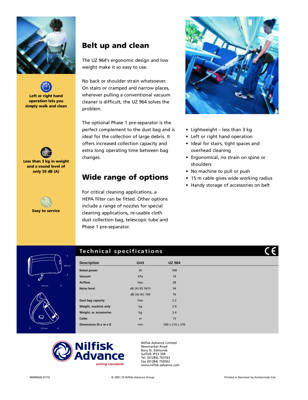 Nilfisk-Advance America UZ 964 manual Belt up and clean, Wide range of options, Technical specifications 