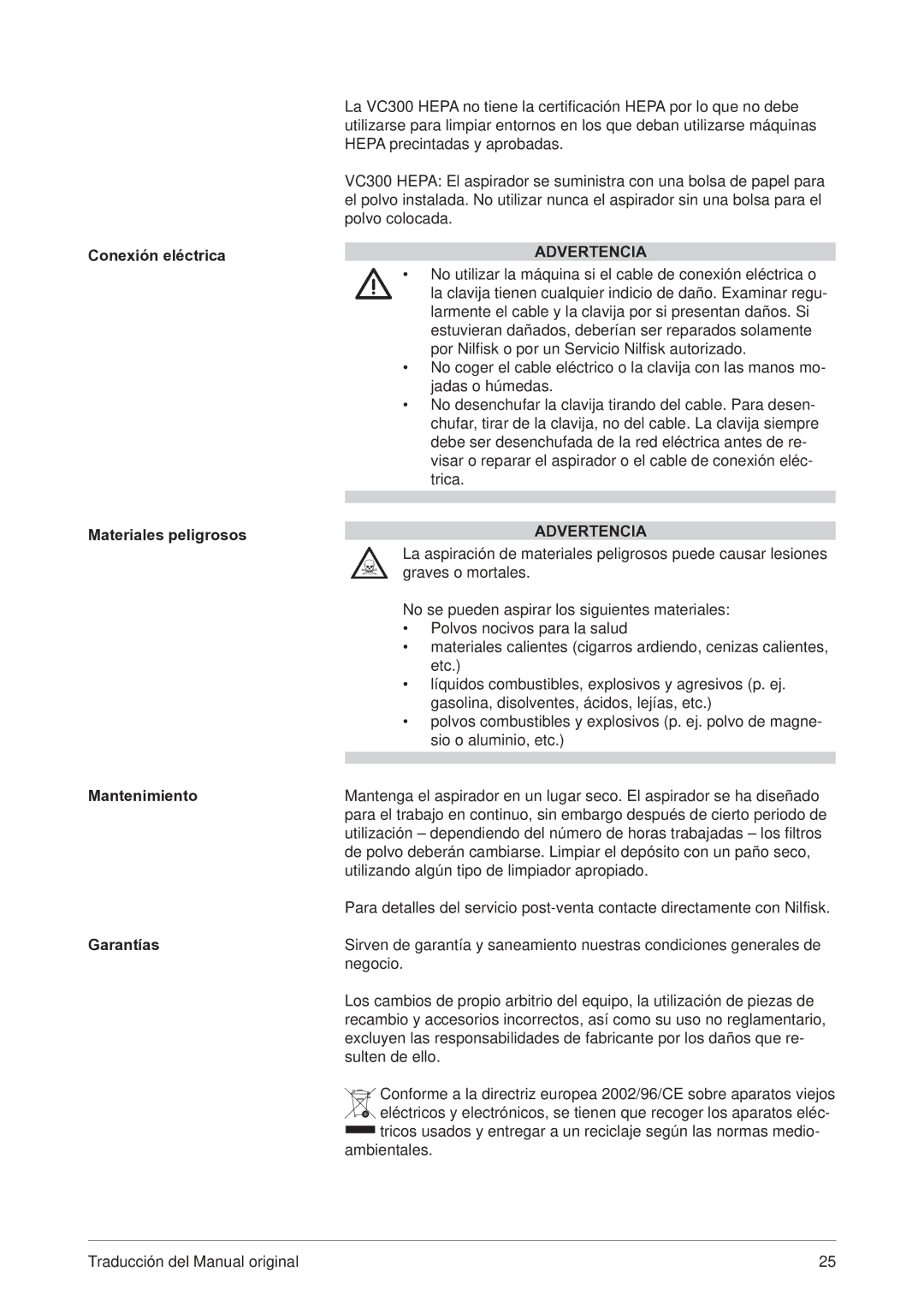 Nilfisk-Advance America VC300 user manual Advertencia 