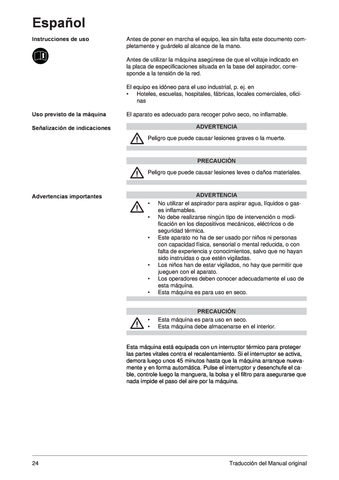 Nilfisk-Advance America VC300 user manual Instrucciones de uso, Precaución, Advertencias importantes, Español 