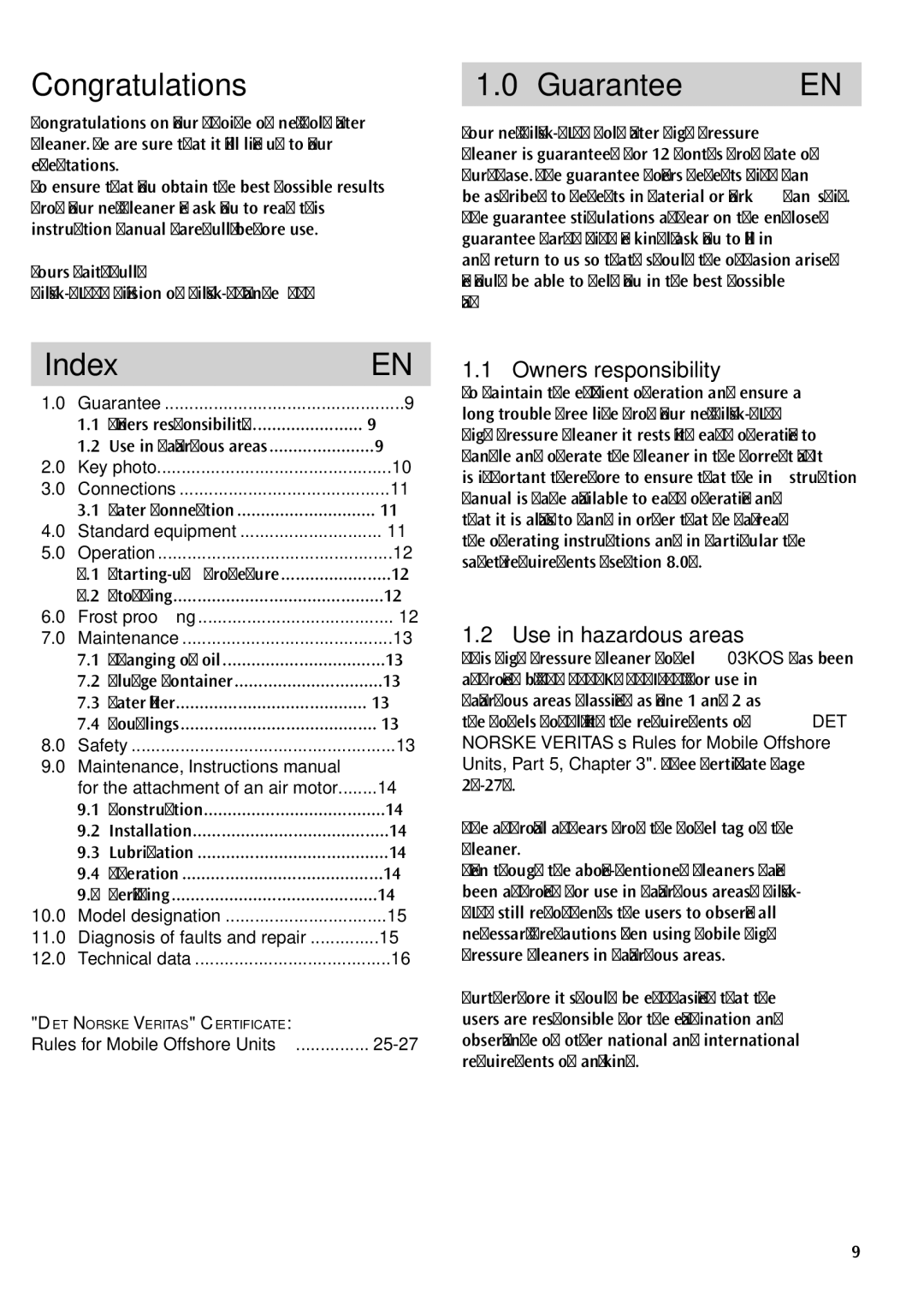 Nilfisk-ALTO 03KLU user manual Congratulations, Guarantee, Index, Owners responsibility Use in hazardous areas 