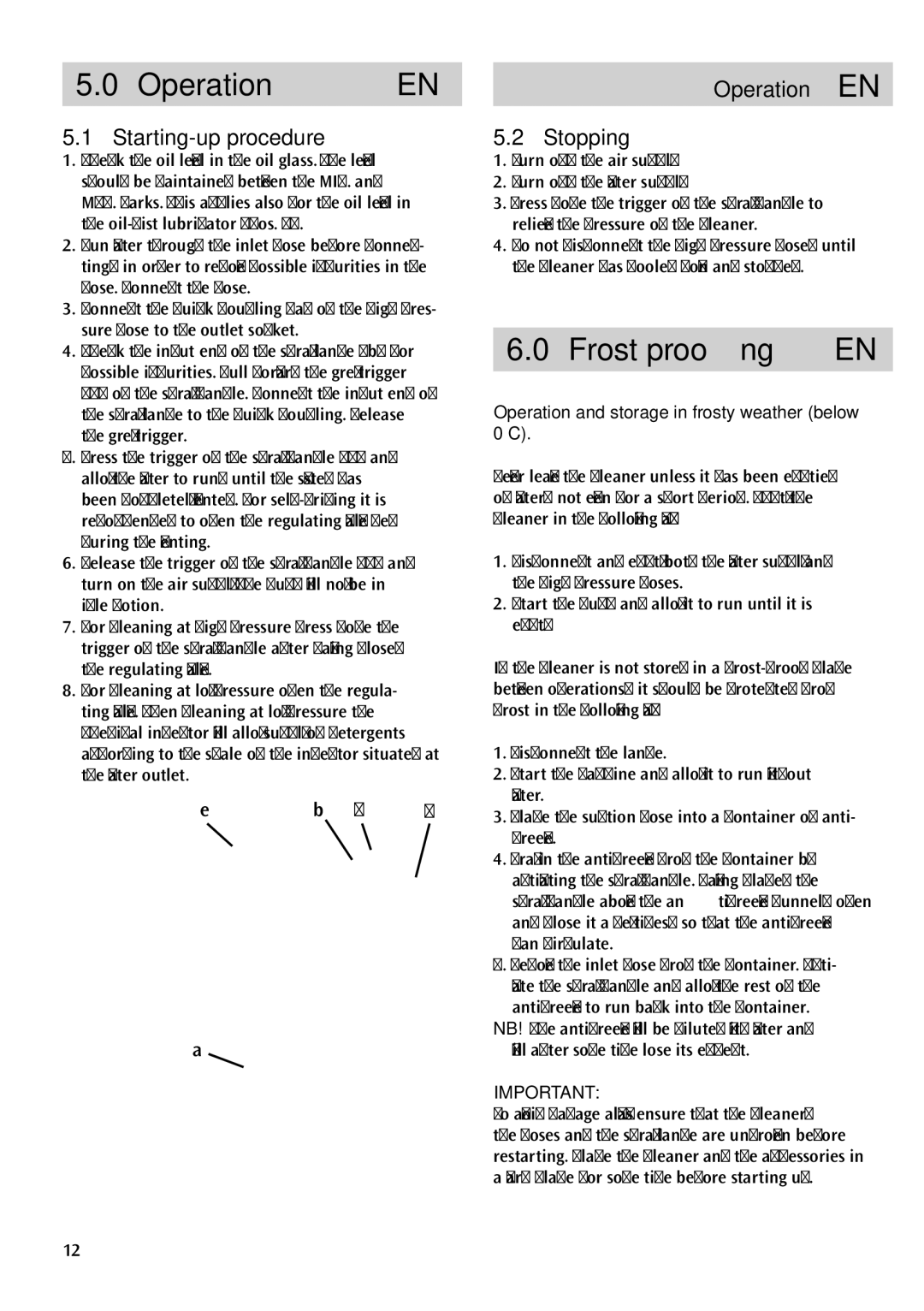 Nilfisk-ALTO 03KLU user manual Frost prooﬁng EN, Starting-up procedure, Operation EN Stopping 