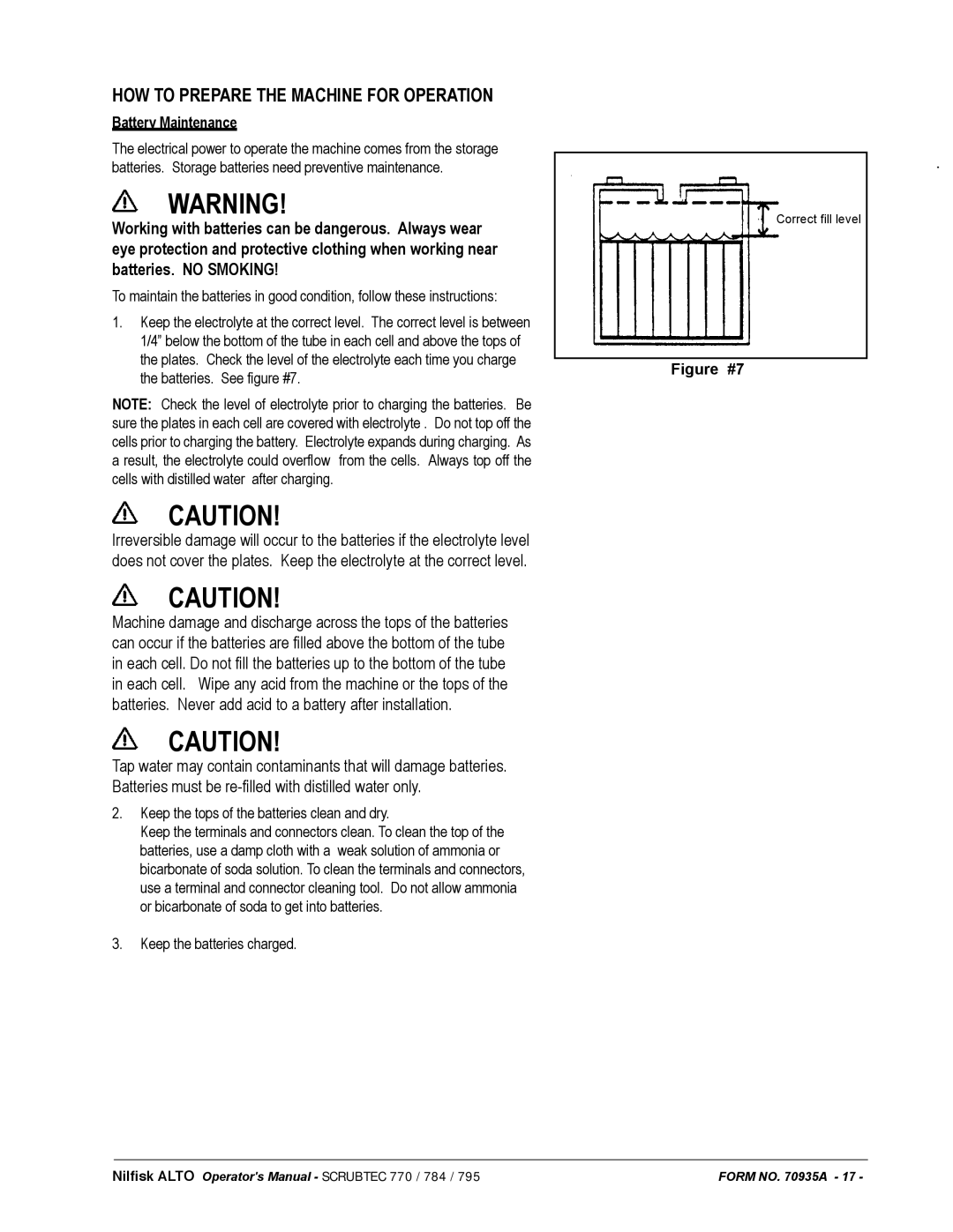 Nilfisk-ALTO 05211F, 05220G, 05230F, 05231F, 05221F, 05220F manual HOW to Prepare the Machine for Operation, Battery Maintenance 