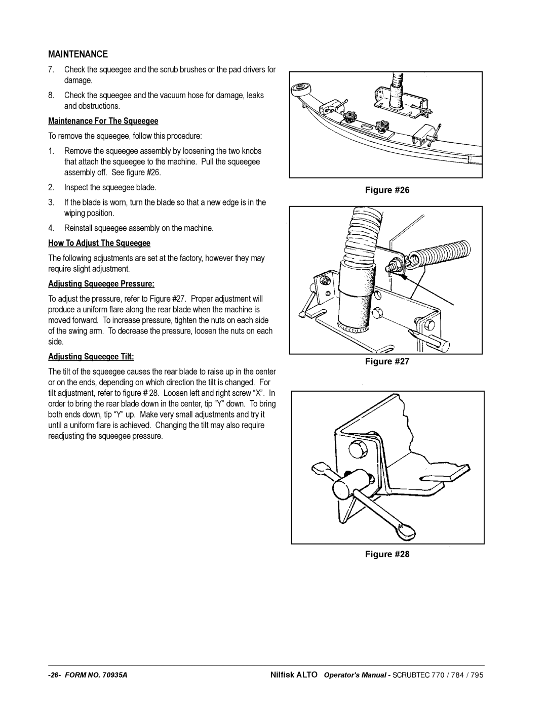 Nilfisk-ALTO 05230F, 05220G, 05211F Maintenance For The Squeegee, How To Adjust The Squeegee, Adjusting Squeegee Pressure 