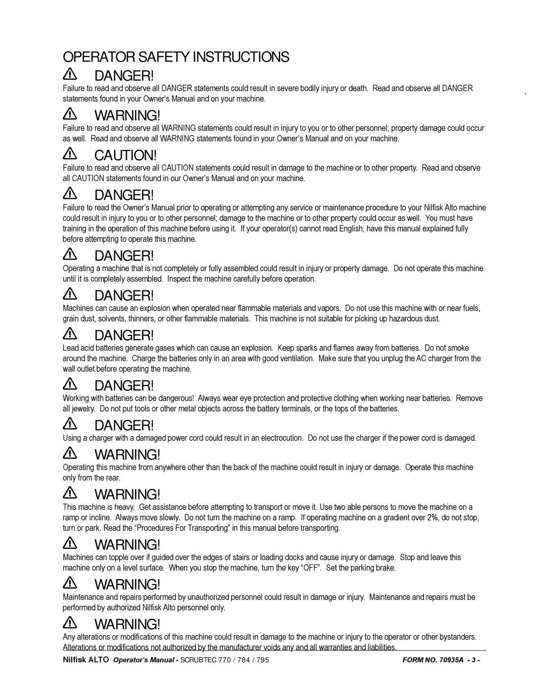 Nilfisk-ALTO 05231F, 05220G, 05211F, 05230F, 05221F, 05220F, 05210G, 05210F manual Operator Safety Instructions 