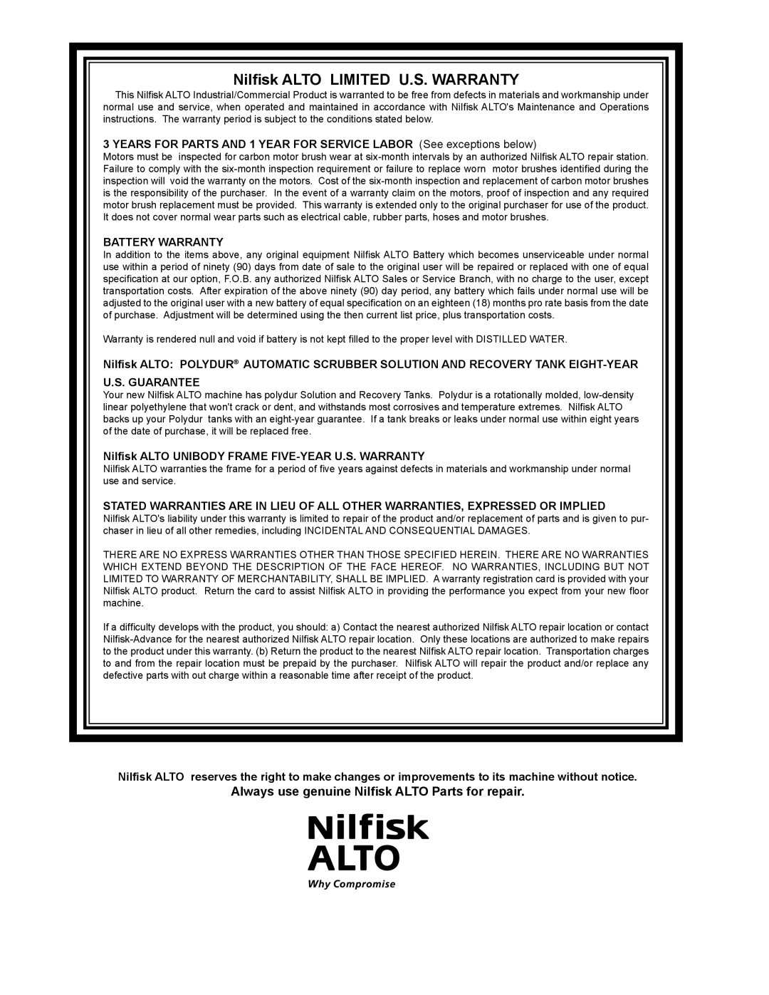 Nilfisk-ALTO 05231F, 05220G, 05211F manual Nilﬁsk Alto Limited U.S. Warranty, Always use genuine Nilﬁsk Alto Parts for repair 