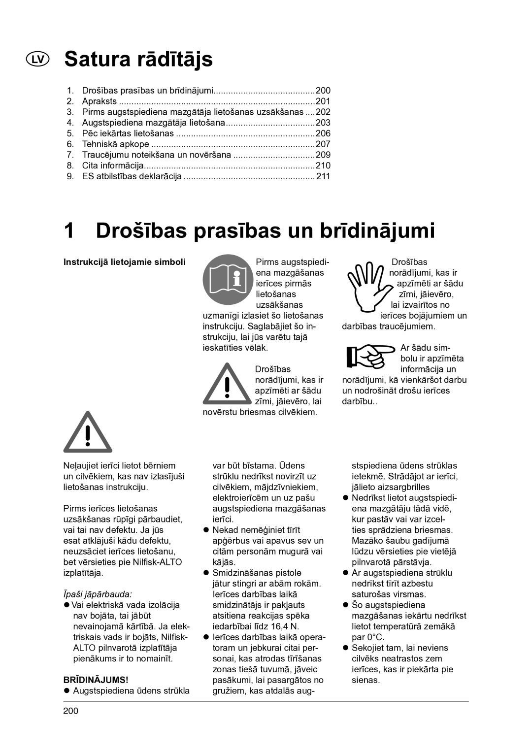 Nilfisk-ALTO 1-20 XT manual Satura rādītājs, Drošības prasības un brīdinājumi, Instrukcijā lietojamie simboli 