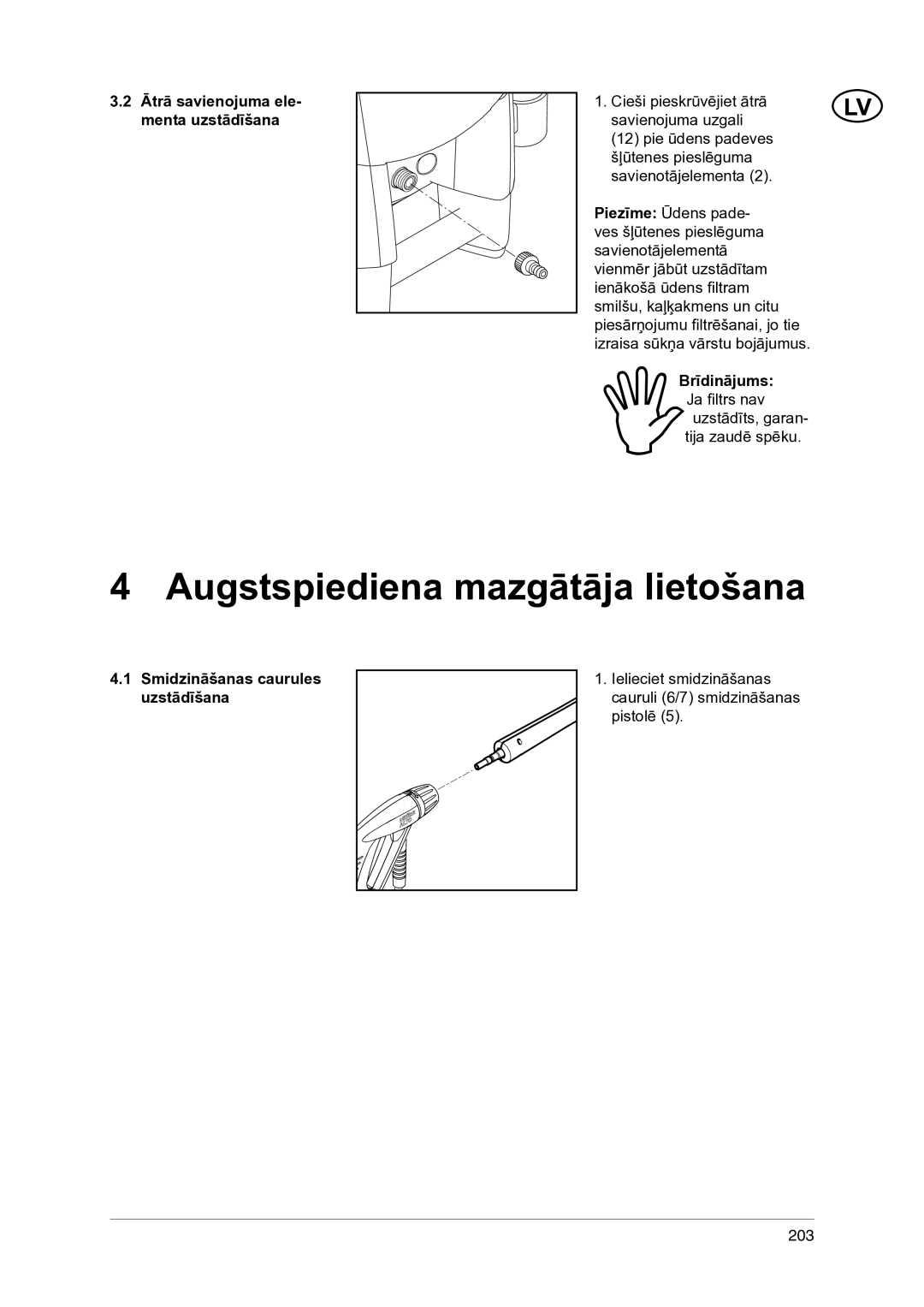 Nilfisk-ALTO 1-20 XT manual Augstspiediena mazgātāja lietošana, Ātrā savienojuma ele- menta uzstādīšana 