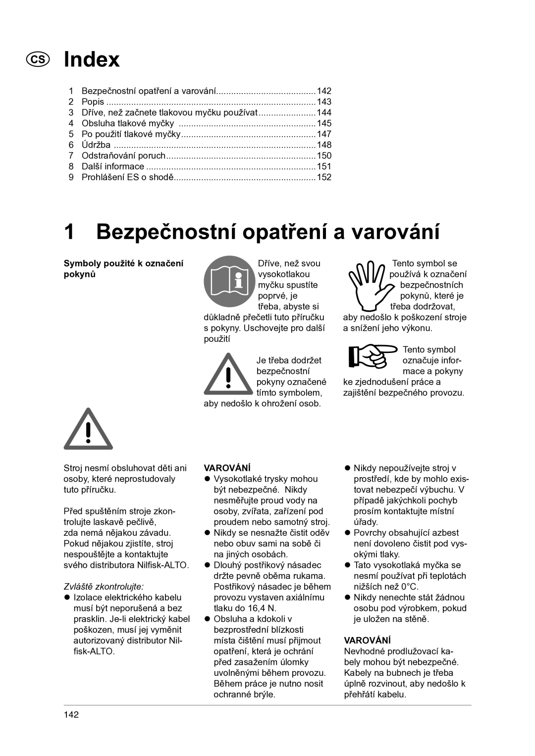 Nilfisk-ALTO 1-20 XT manual Index, Bezpečnostní opatření a varování, Symboly použité k označení pokynů, Varování 