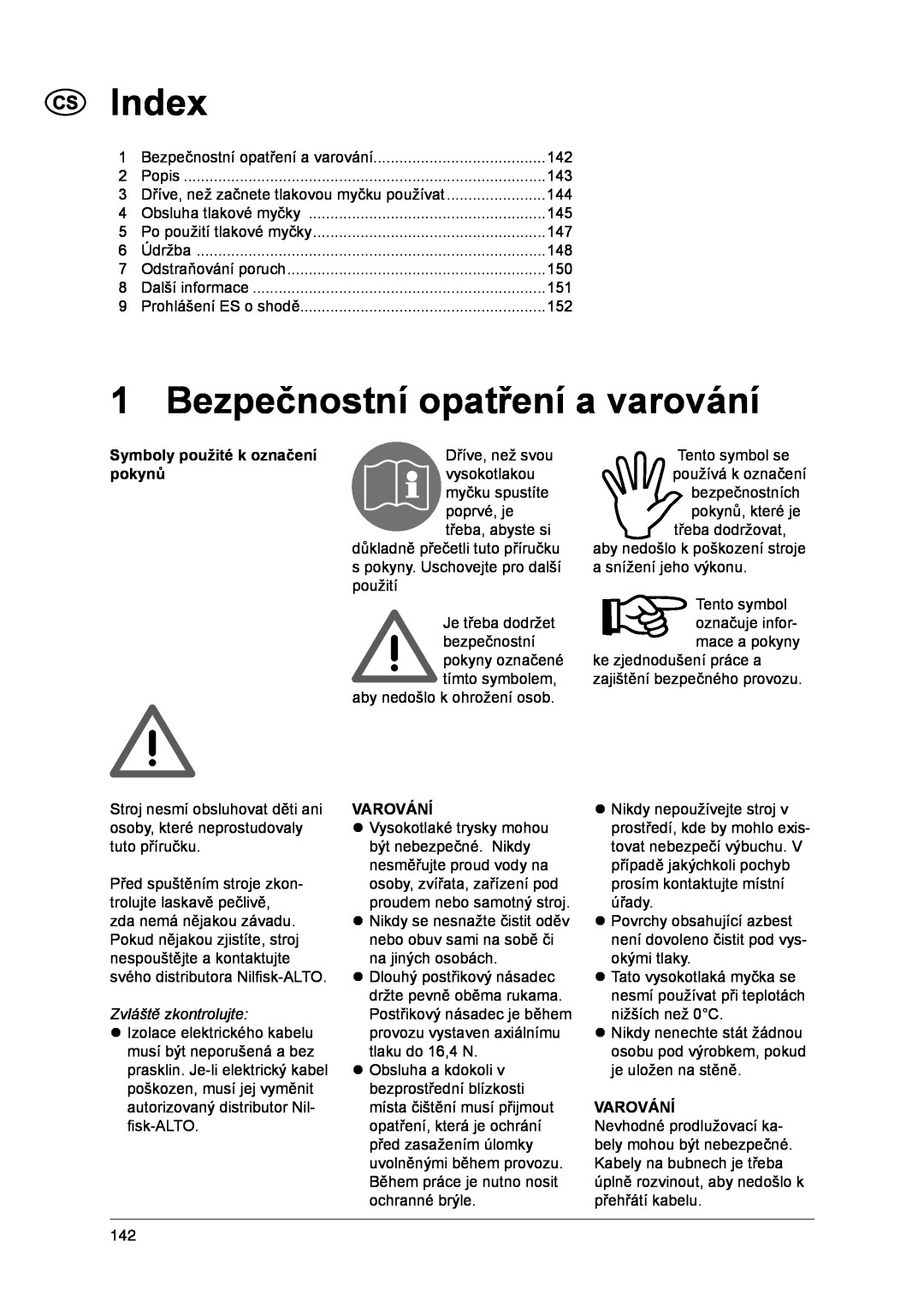 Nilfisk-ALTO 1-20 XT manual Index, Bezpečnostní opatření a varování, Symboly použité k označení pokynů, Varování 