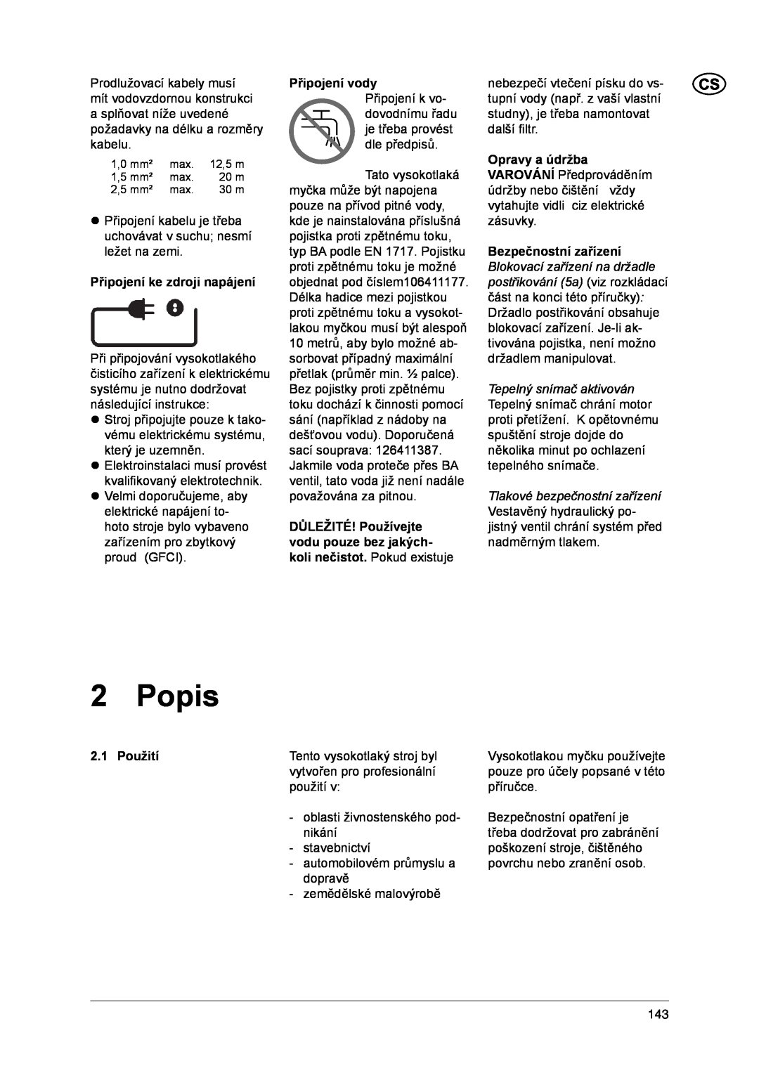 Nilfisk-ALTO 1-20 XT manual Popis, Připojení ke zdroji napájení, Připojení vody Připojení k vo, Použití 