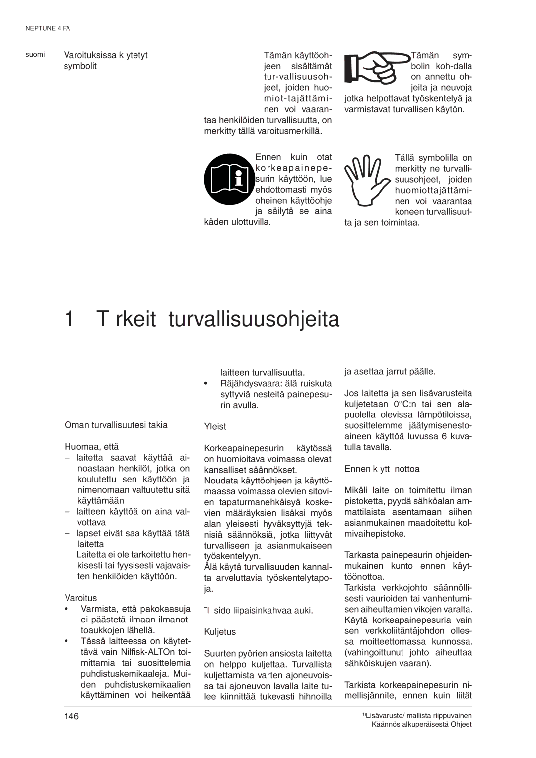 Nilfisk-ALTO 107140469 D manual Tärkeitä turvallisuusohjeita 