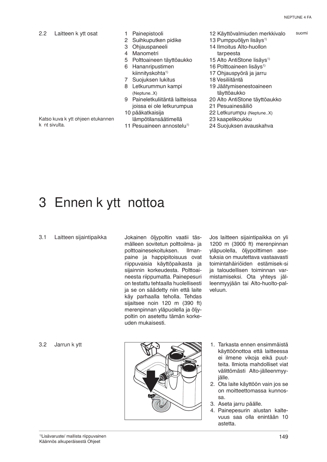 Nilfisk-ALTO 107140469 D manual Ennen käyttöönottoa, Laitteen käyttöosat, Jarrun käyttö 