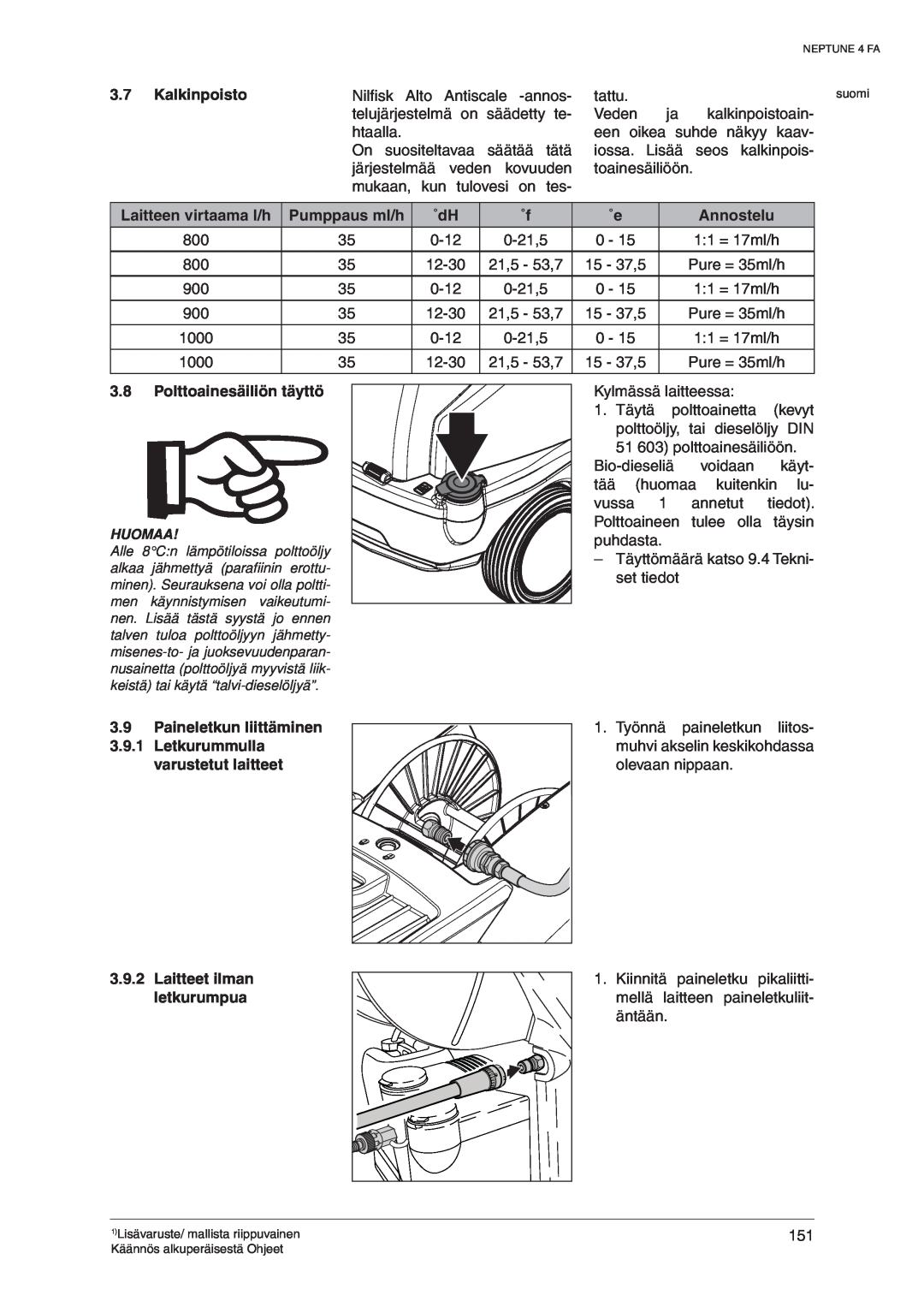 Nilfisk-ALTO 107140469 D manual Kalkinpoisto, Laitteen virtaama l/h, Pumppaus ml/h, Annostelu, Polttoainesäiliön täyttö 