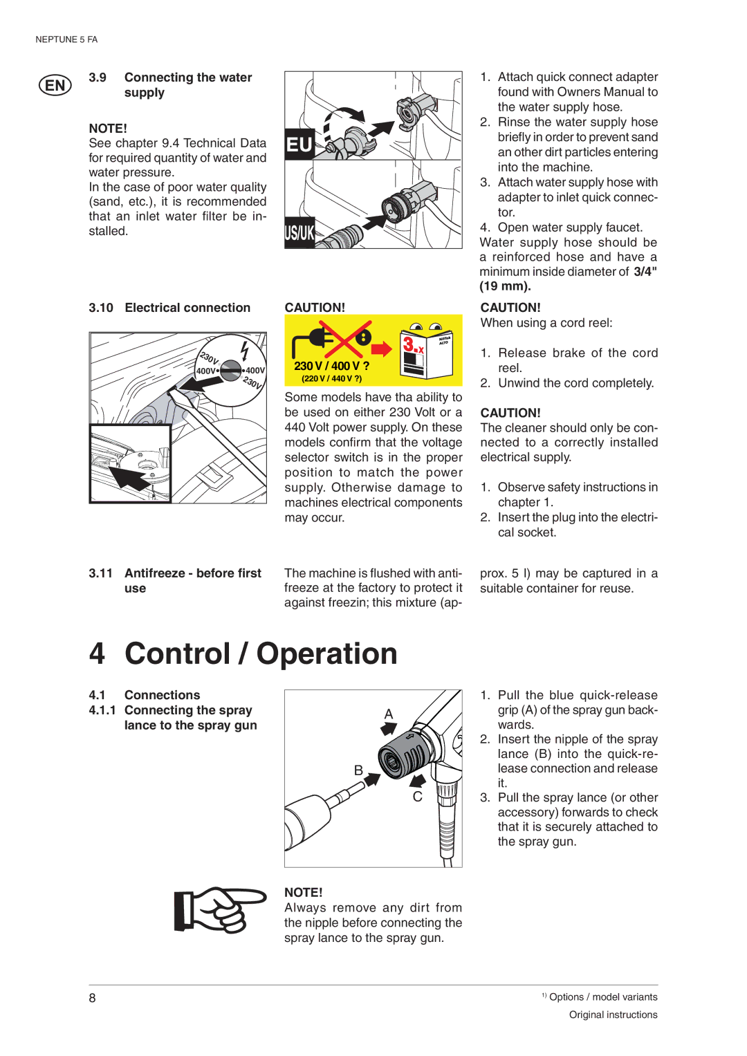 Nilfisk-ALTO 107400337 C Control / Operation, Connecting the water supply, Electrical connection, Use 