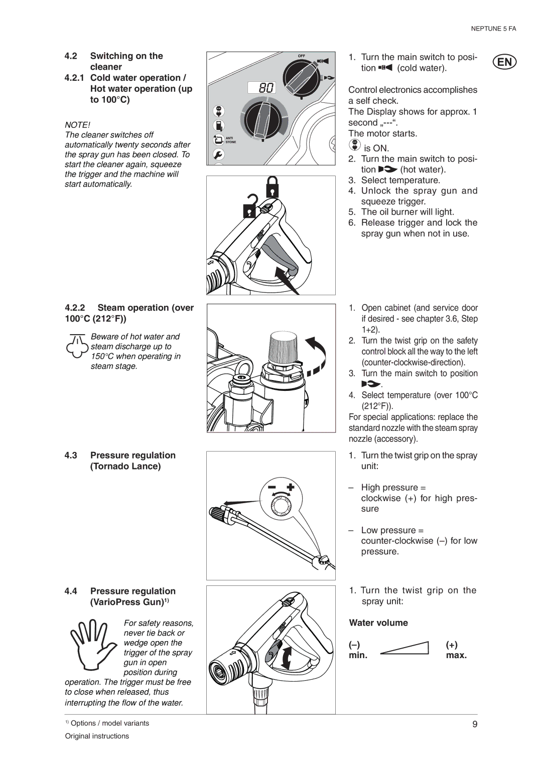 Nilfisk-ALTO 107400337 C operating instructions Steam operation over 100C 212F, Water volume Min 