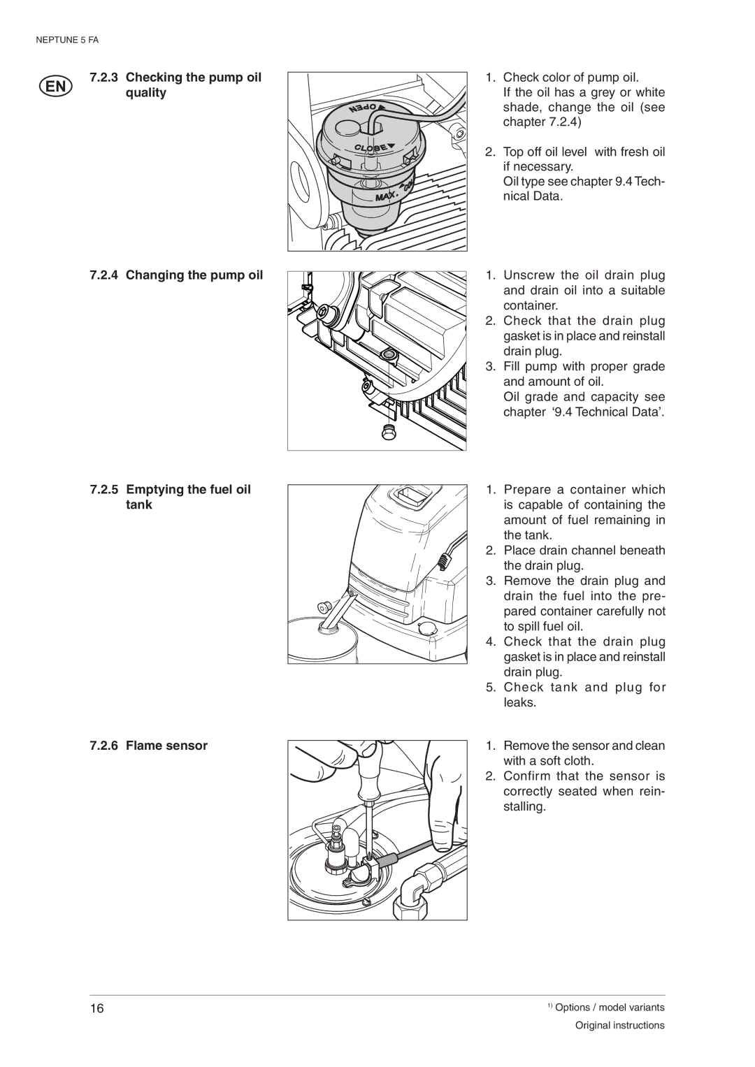 Nilfisk-ALTO 107400337 C Checking the pump oil quality, Changing the pump oil, Emptying the fuel oil, Tank, Flame sensor 