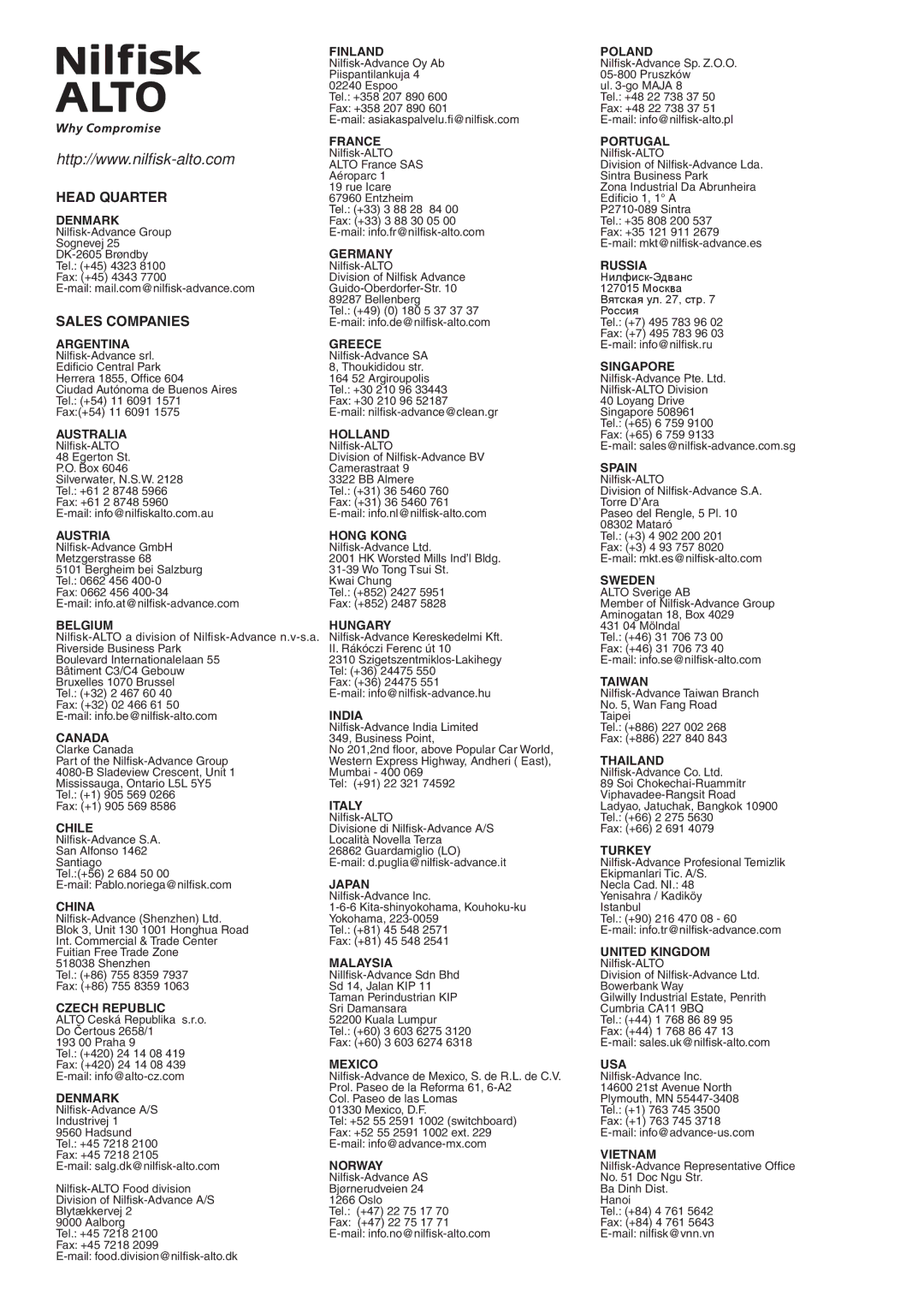 Nilfisk-ALTO 107400337 C operating instructions Head Quarter 