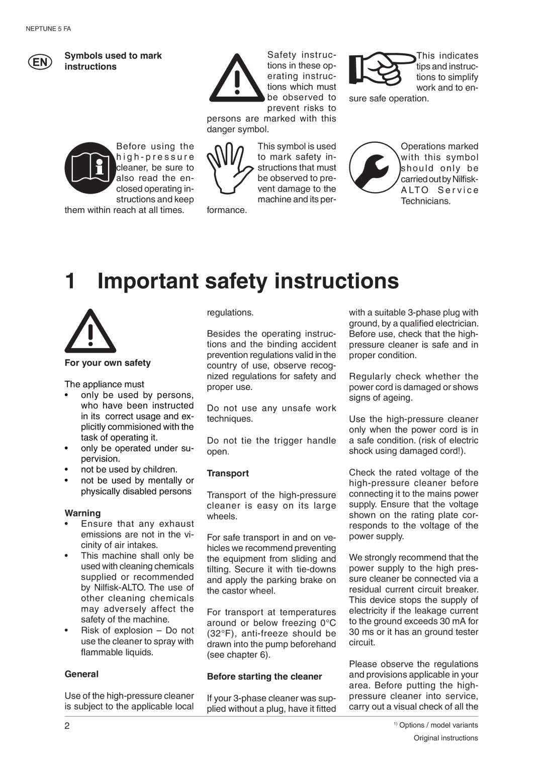 Nilfisk-ALTO 107400337 C Important safety instructions, Symbols used to mark instructions, For your own safety, Transport 