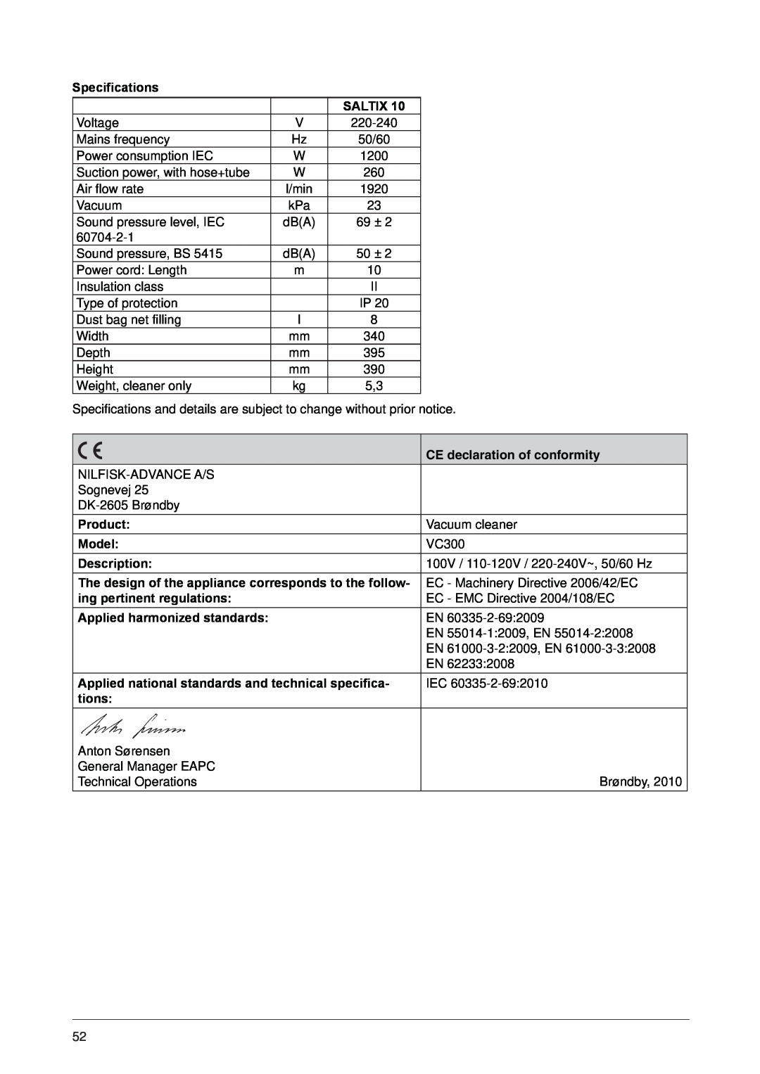 Nilfisk-ALTO 107402849 C manual Specifications, CE declaration of conformity 