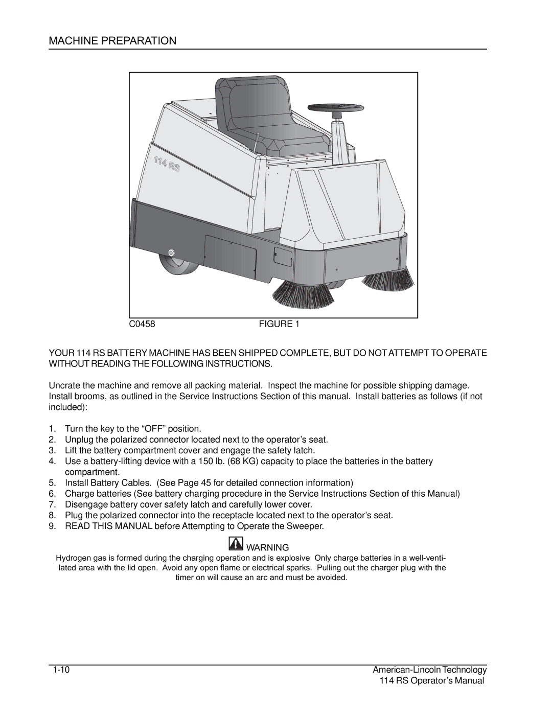 Nilfisk-ALTO 114RS SWEEPER manual Machine Preparation 