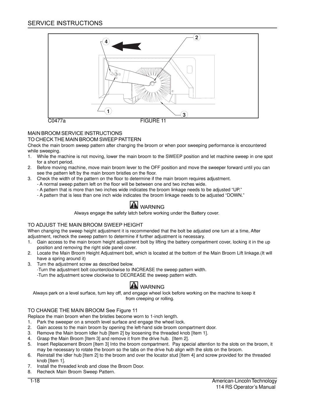 Nilfisk-ALTO 114RS SWEEPER manual Service Instructions, To Adjust the Main Broom Sweep Height 