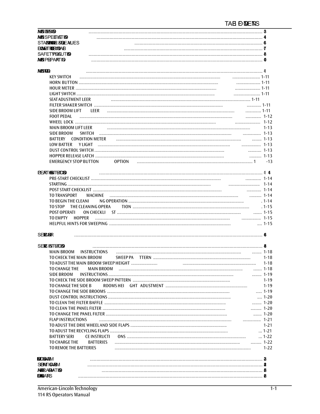 Nilfisk-ALTO 114RS SWEEPER manual Table of Contents 