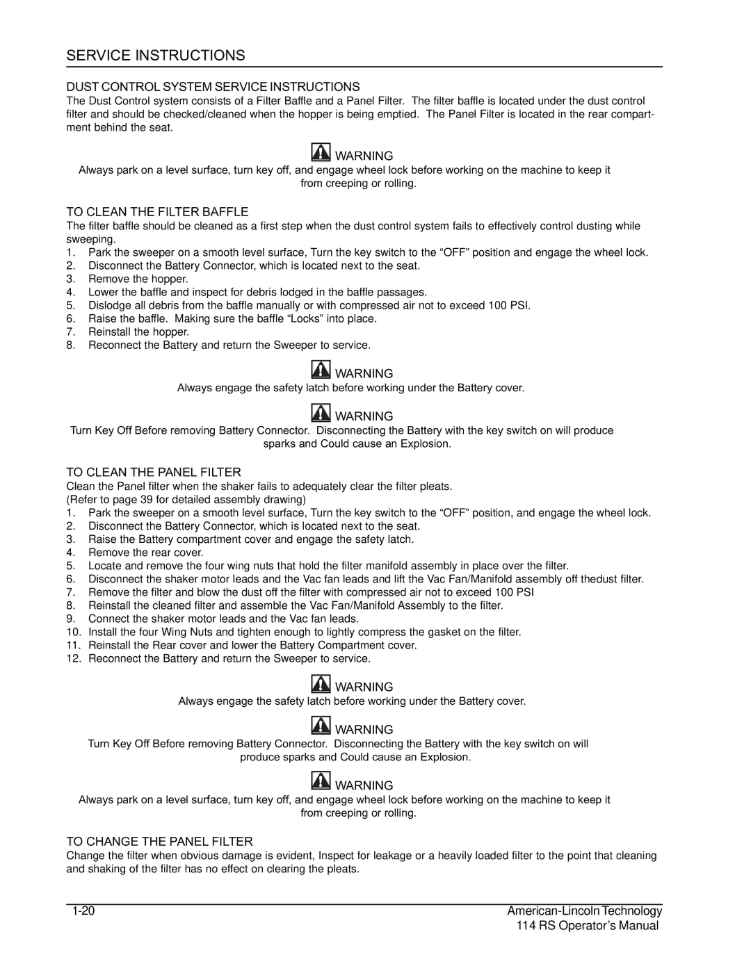 Nilfisk-ALTO 114RS SWEEPER Dust Control System Service Instructions, To Clean the Filter Baffle, To Clean the Panel Filter 