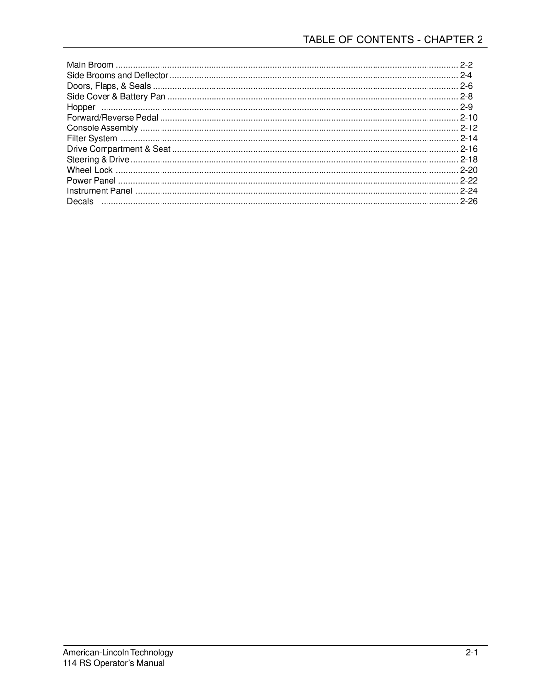 Nilfisk-ALTO 114RS SWEEPER manual Table of Contents Chapter 