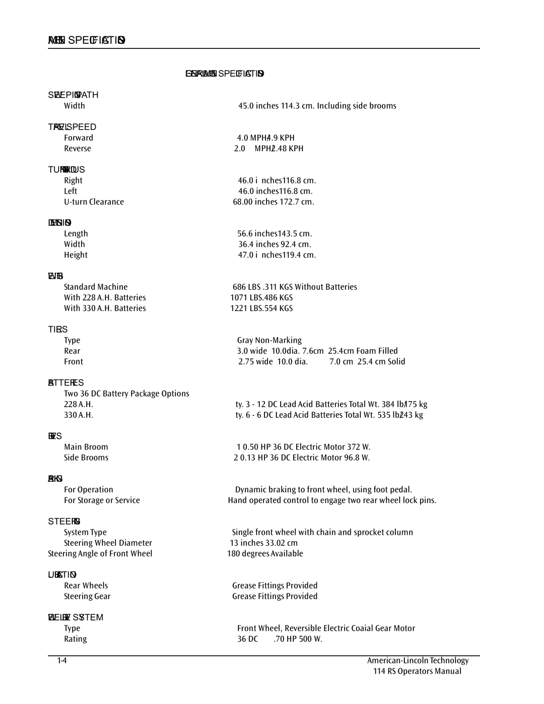 Nilfisk-ALTO 114RS SWEEPER manual Machine Specifications 