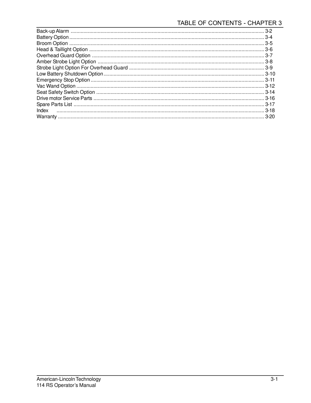 Nilfisk-ALTO 114RS SWEEPER manual Table of Contents Chapter 