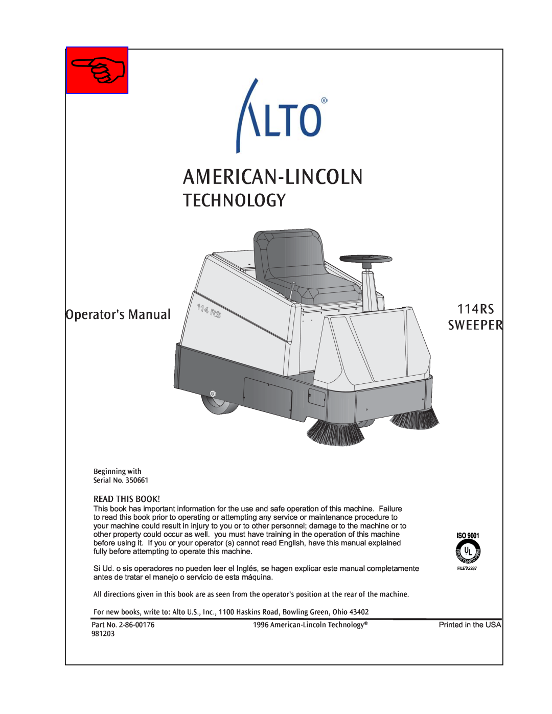 Nilfisk-ALTO 114RS SWEEPER manual American-Lincoln, Technology, Operators Manual, Sweeper, Read This Book, 981203 