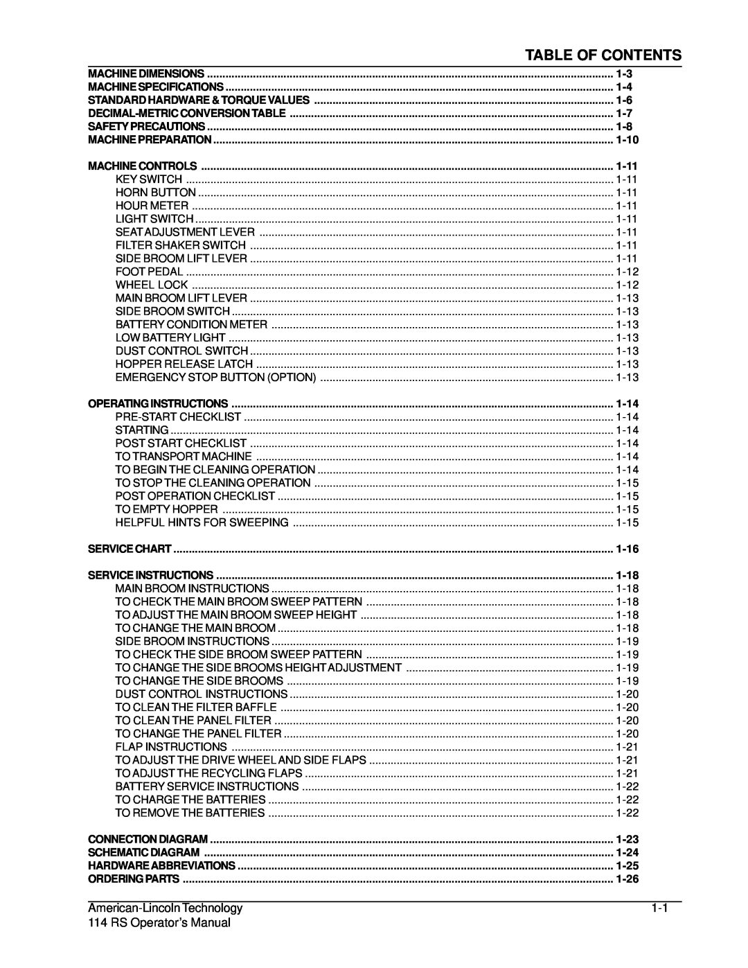 Nilfisk-ALTO 114RS SWEEPER manual Table Of Contents, American-LincolnTechnology, RS Operator’s Manual 