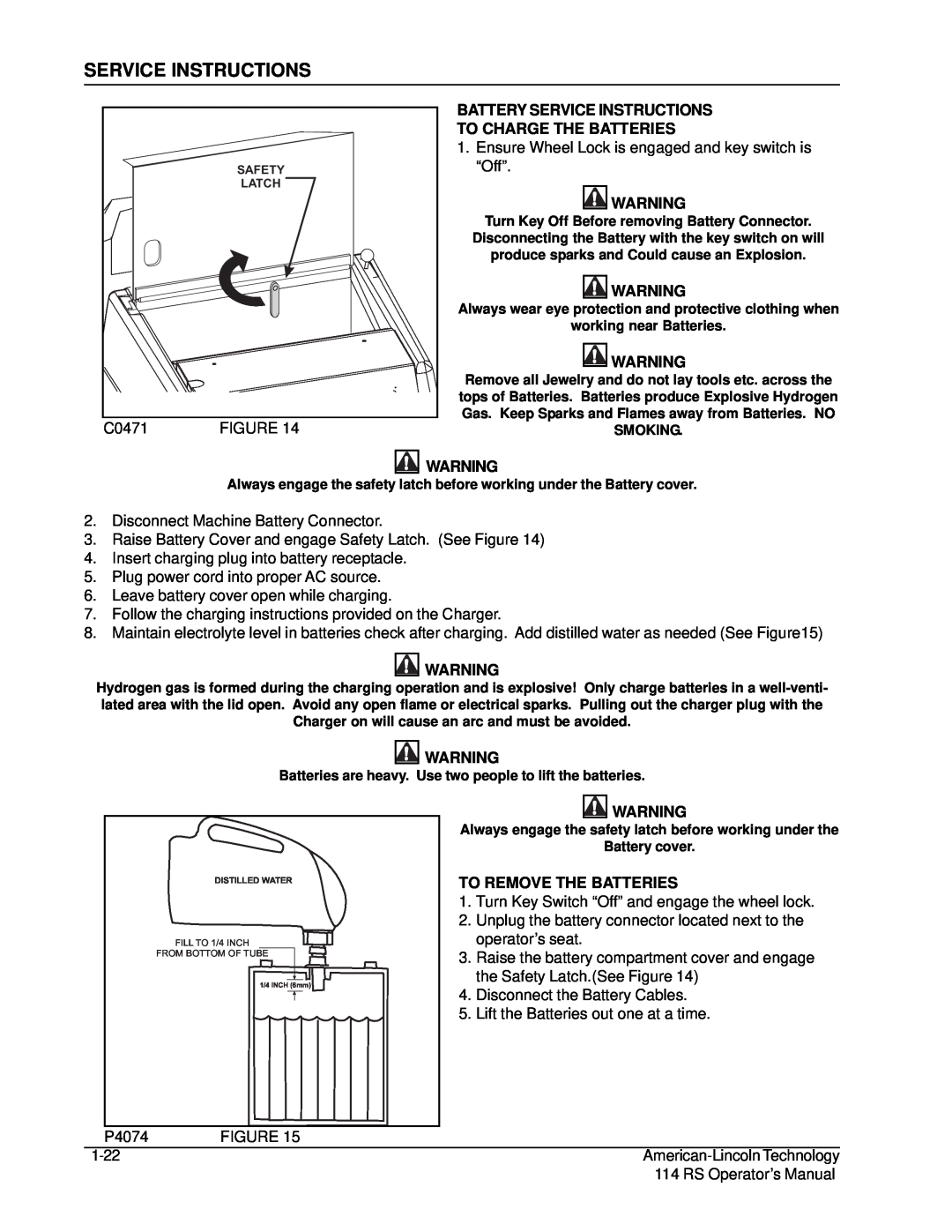 Nilfisk-ALTO 114RS SWEEPER manual C0471, Battery Service Instructions, To Charge The Batteries, To Remove The Batteries 