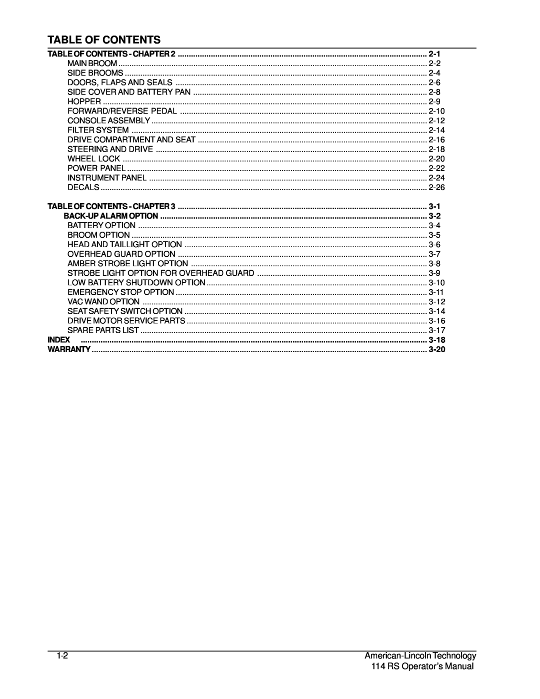 Nilfisk-ALTO 114RS SWEEPER manual Table Of Contents, RS Operator’s Manual 