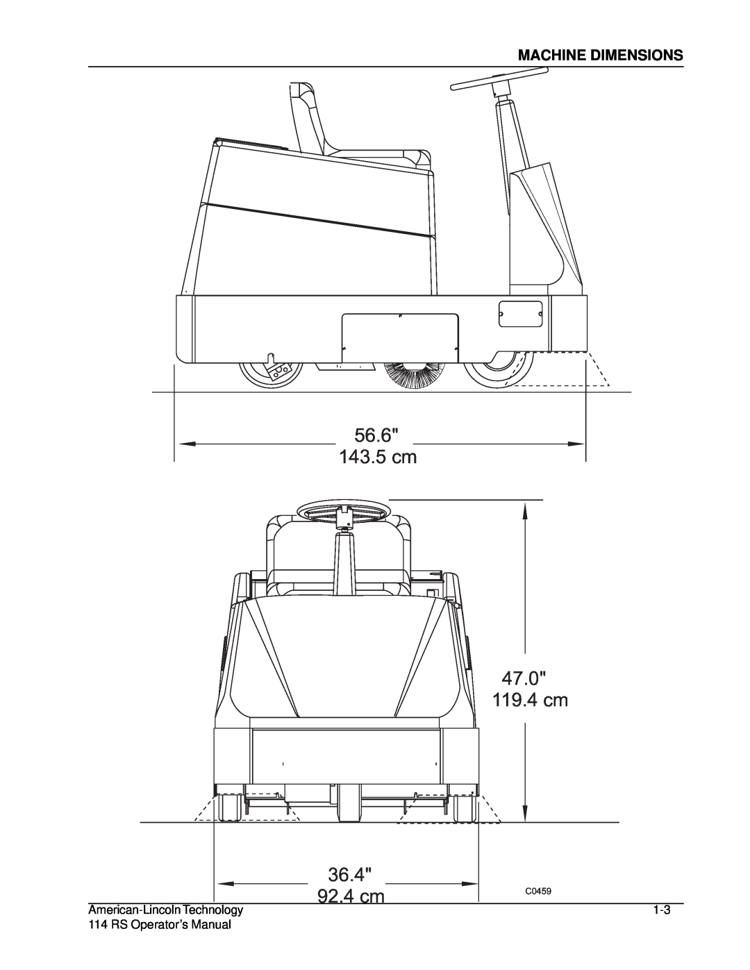 Nilfisk-ALTO 114RS SWEEPER manual 56.6 143.5 cm 47.0 119.4 cm, 92.4 cm, Machine Dimensions 