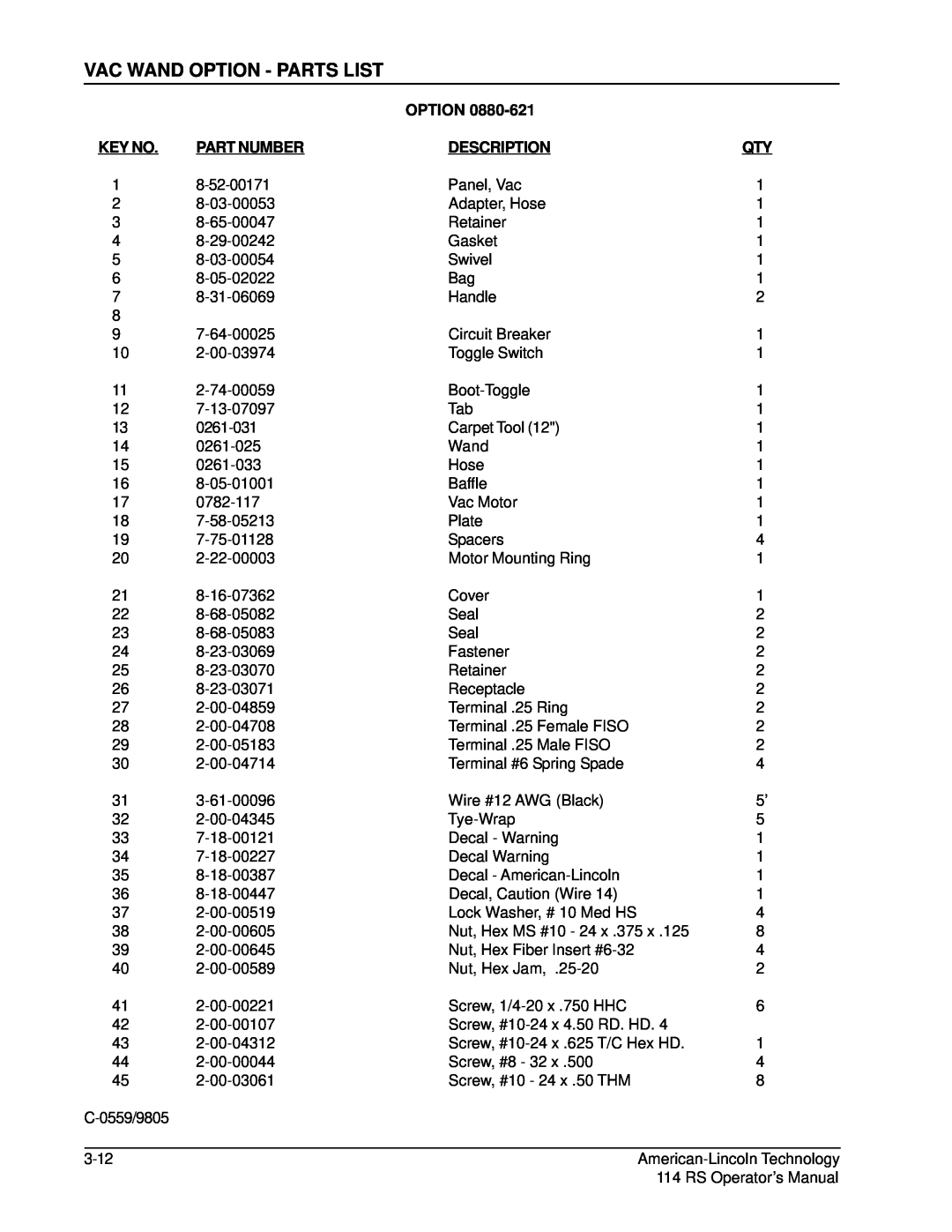 Nilfisk-ALTO 114RS SWEEPER manual Vac Wand Option - Parts List, Part Number, Description 