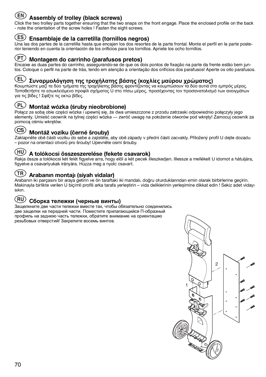 Nilfisk-ALTO 125/135 X-TRA EN Assembly of trolley black screws, ES Ensamblaje de la carretilla tornillos negros 