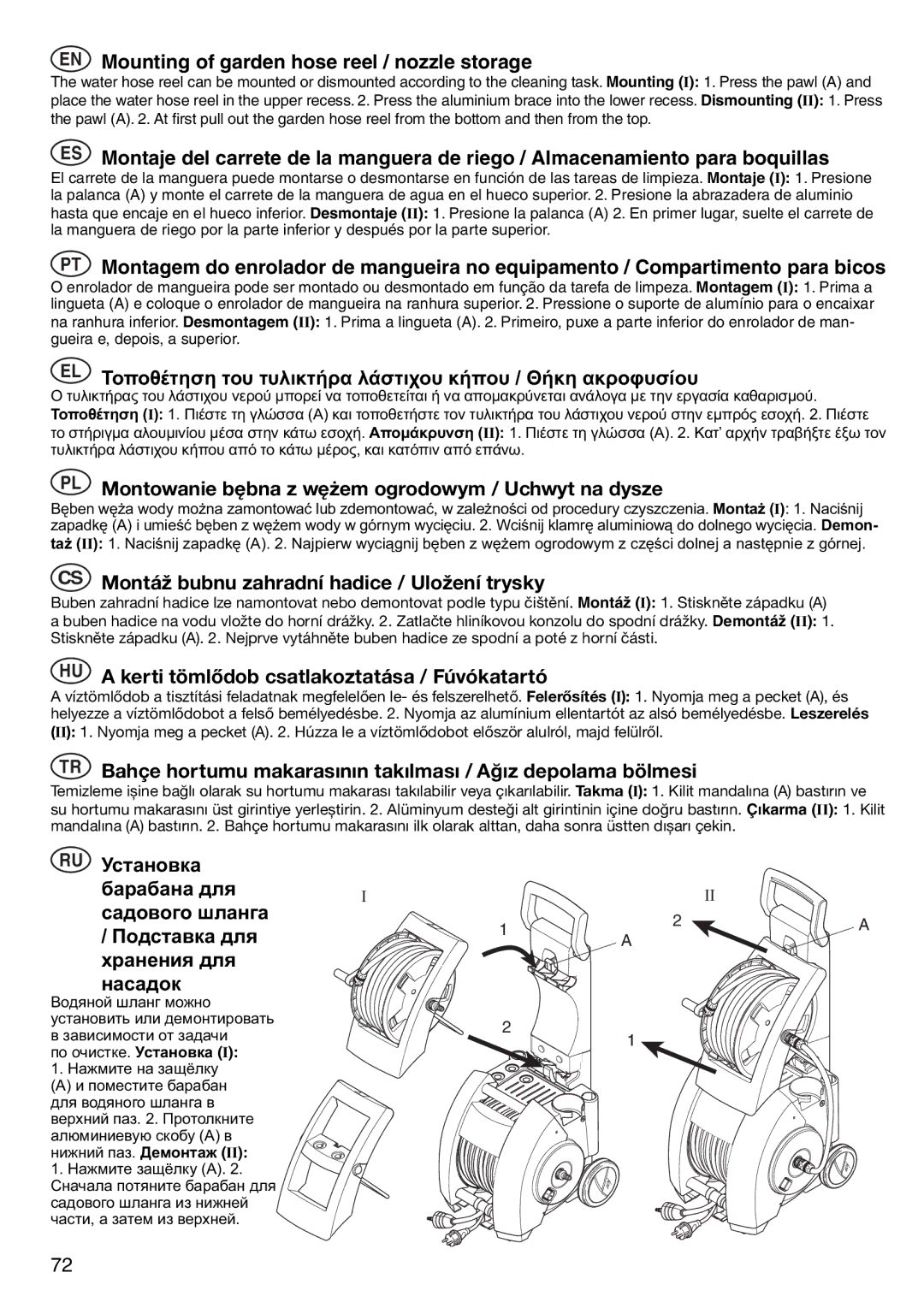 Nilfisk-ALTO 125/135 EN Mounting of garden hose reel / nozzle storage, CS Montáž bubnu zahradní hadice / Uložení trysky 