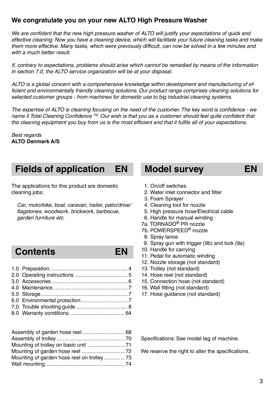 Nilfisk-ALTO 125/135 X-TRA instruction manual Fields of application Model survey, Contents 