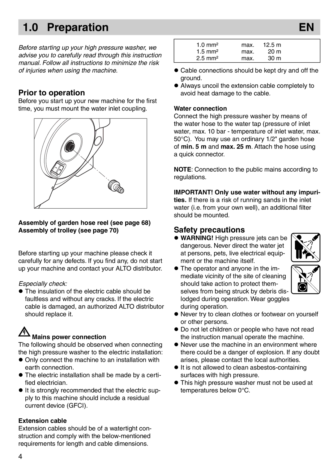 Nilfisk-ALTO 125/135 X-TRA instruction manual Preparation, Prior to operation, Safety precautions 