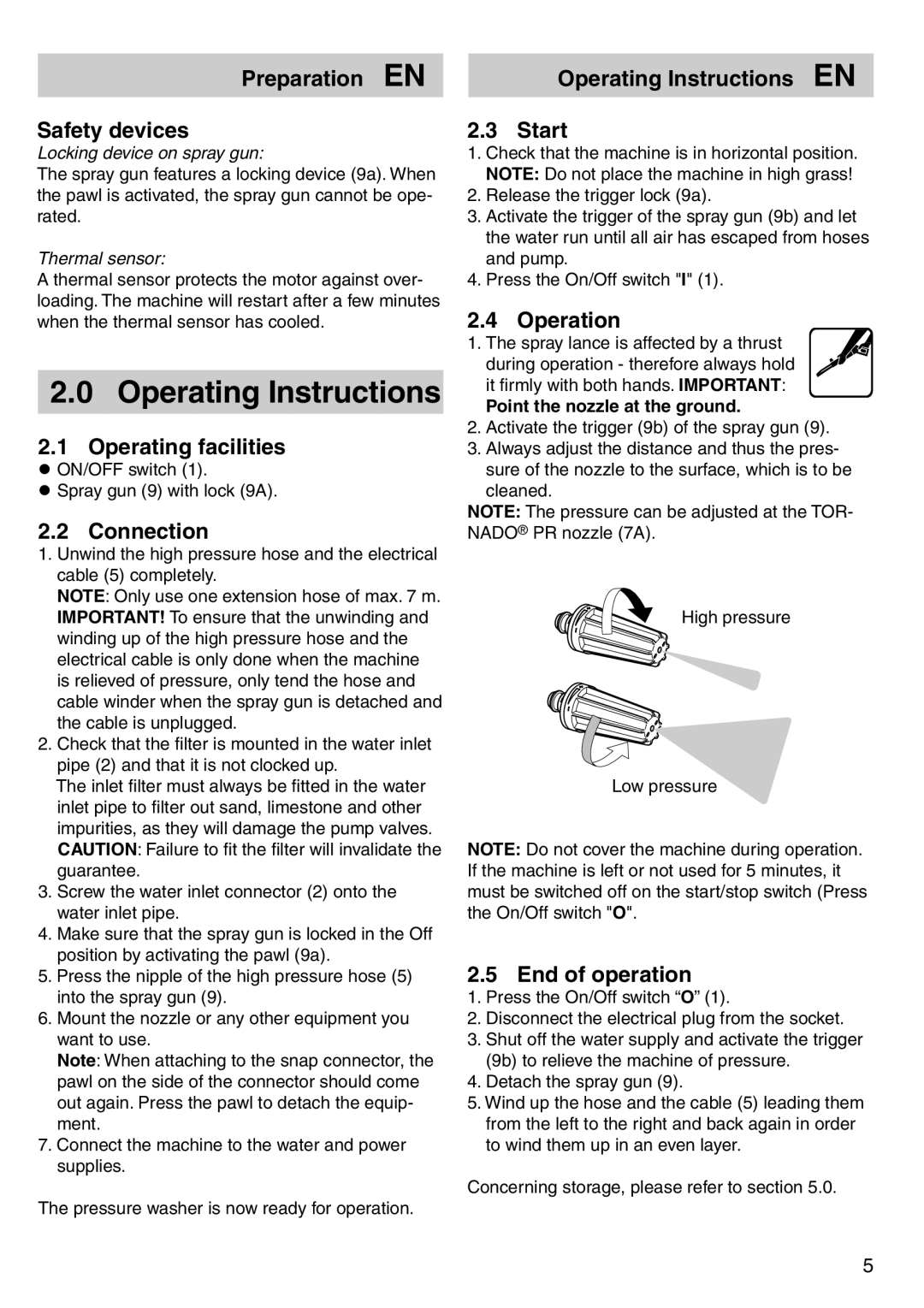 Nilfisk-ALTO 125/135 Preparation EN Safety devices, Operating facilities, Connection, Operating Instructions EN Start 