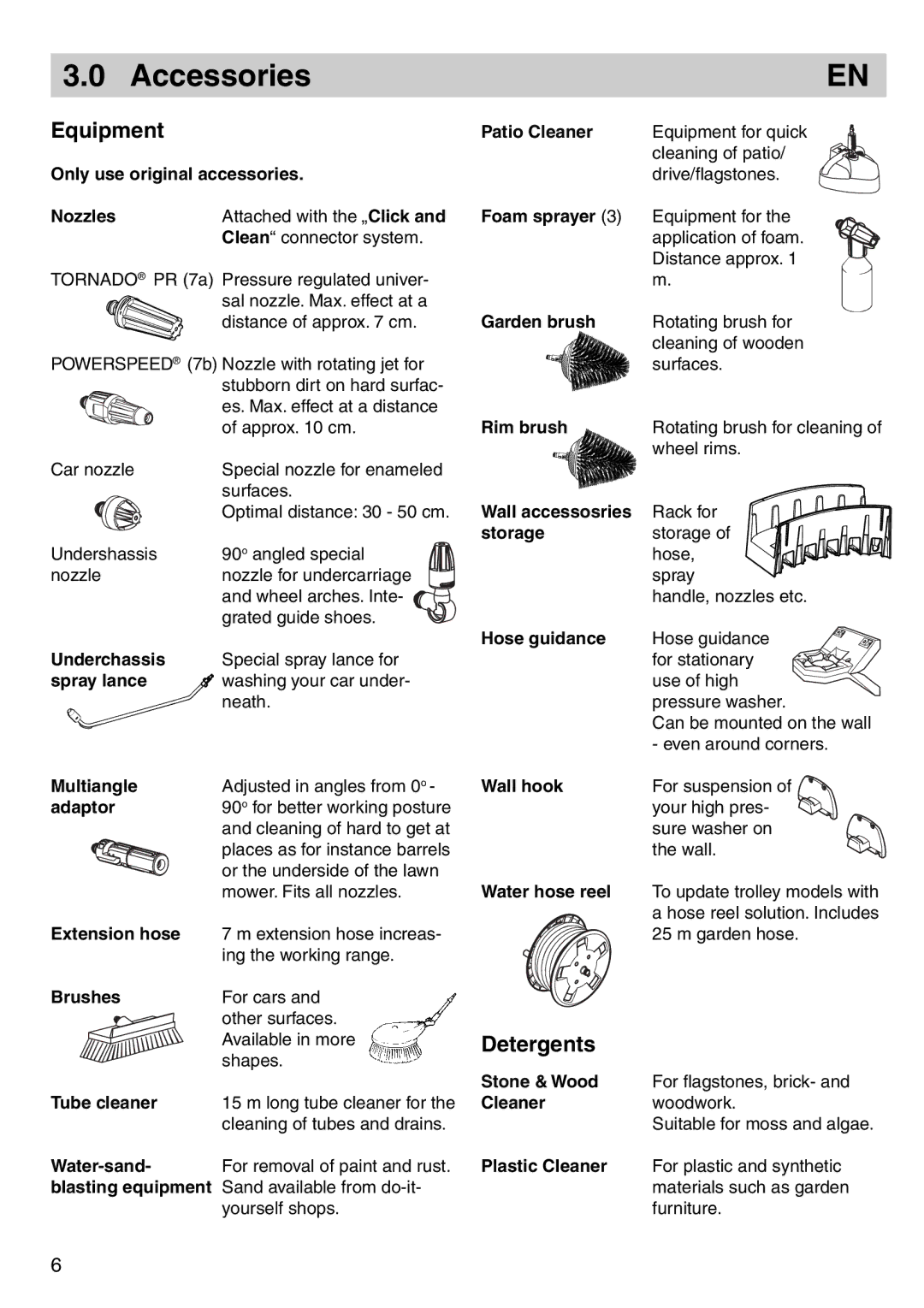 Nilfisk-ALTO 125/135 X-TRA instruction manual Accessories, Equipment, Detergents 