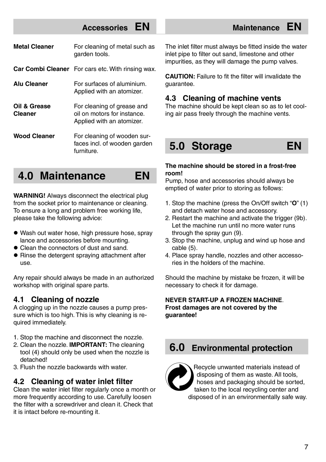 Nilfisk-ALTO 125/135 X-TRA instruction manual Maintenance, Storage 