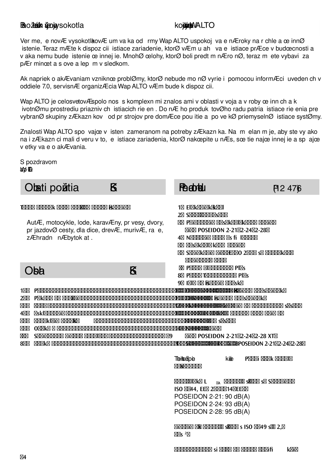 Nilfisk-ALTO 2-19 X, 2-24, 2-28, 2-21 instruction manual Oblasti použitia, Obsah, Prehľad modelu P 12 