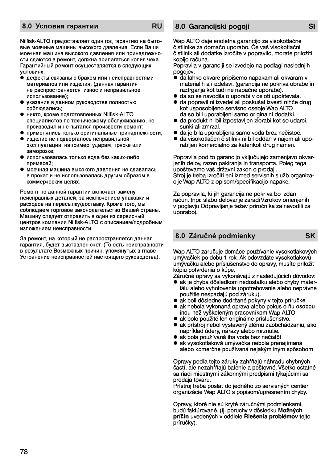Nilfisk-ALTO 2-28, 2-24, 2-21, 2-19 X instruction manual 8.0 Условия гарантии, Garancijski pogoji, 8.0 Záručné podmienky 