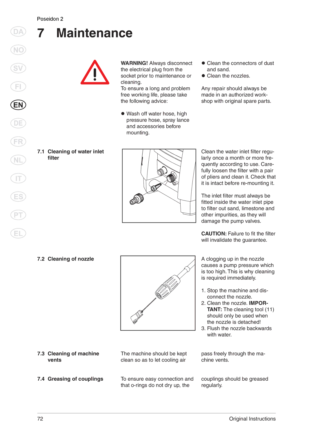 Nilfisk-ALTO 2 manual Maintenance, Cleaning of water inlet ﬁlter, Cleaning of nozzle 