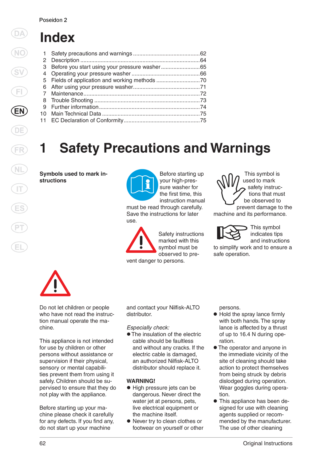 Nilfisk-ALTO 2 manual Index, Safety Precautions and Warnings, Symbols used to mark, Structions 