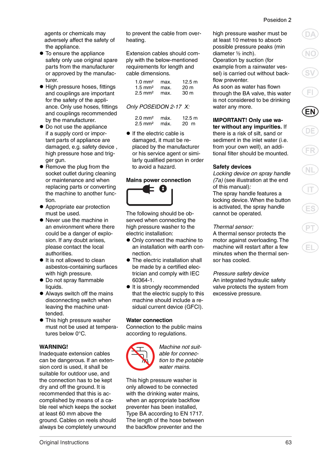 Nilfisk-ALTO manual Only Poseidon 2-17, Mains power connection 