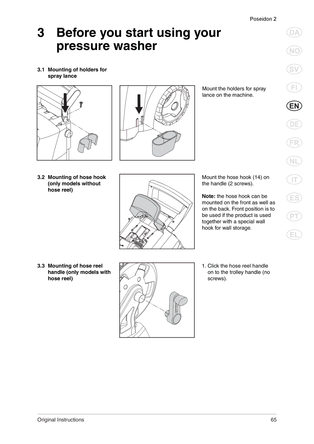 Nilfisk-ALTO 2 manual Mounting of holders for spray lance, Mounting of hose hook only models without hose reel 